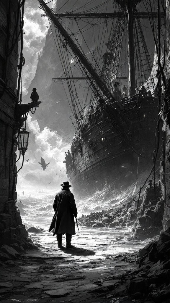 A lone figure stands on a path leading to an ancient ship, surrounded by mist and shadows.