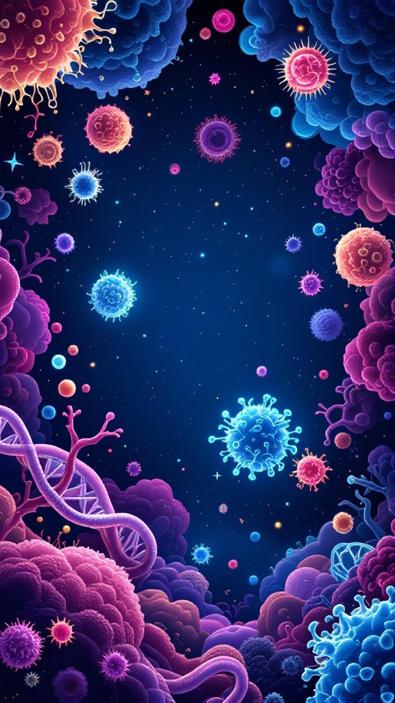 An artistic representation of various microbes and cells in vibrant colors against a dark background.