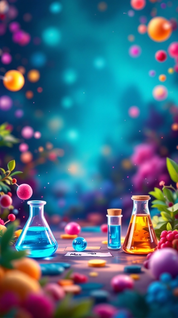 Colorful chemistry setup with beakers and vibrant liquids