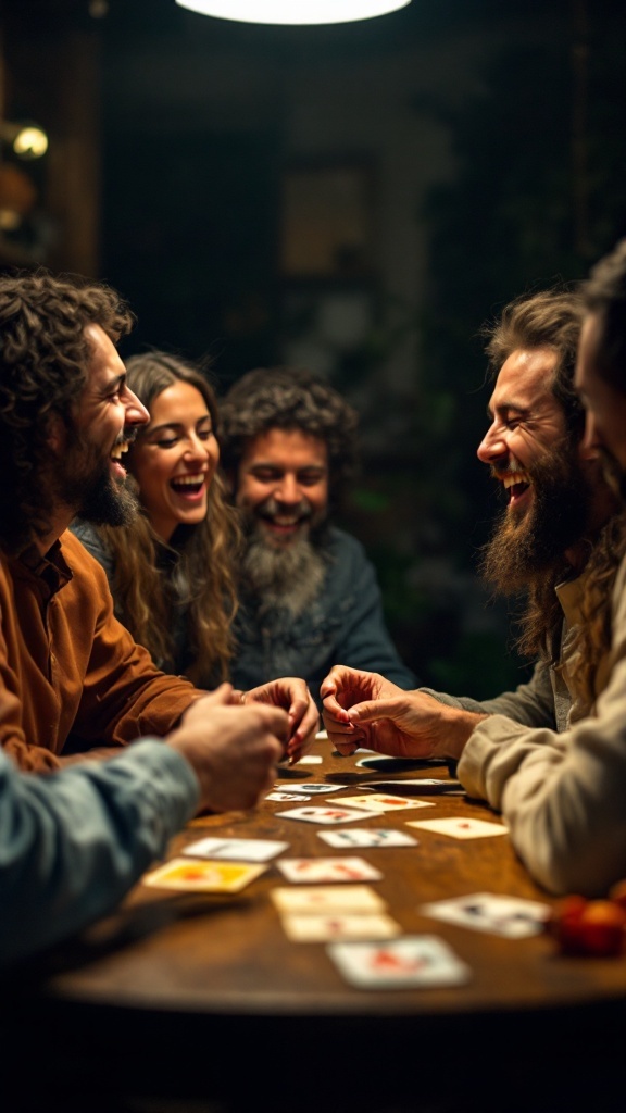 Group of friends laughing and playing a card game around a table