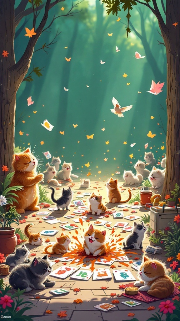 A whimsical illustration of cats playing a card game in a forest, embodying the fun spirit of Exploding Kittens.