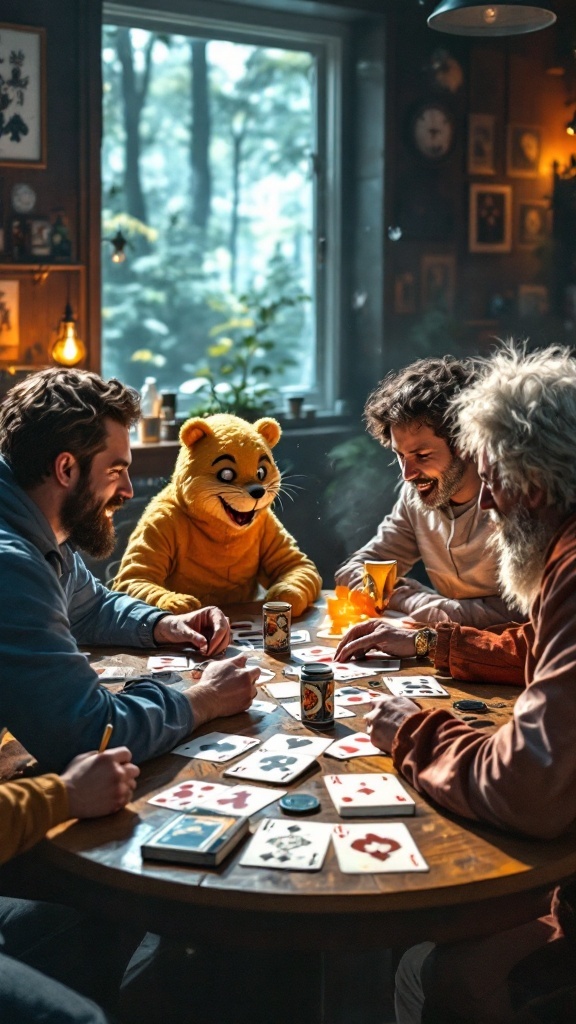 A group of friends playing Joking Hazard, a card game, with one person in a yellow costume, creating a lively atmosphere.