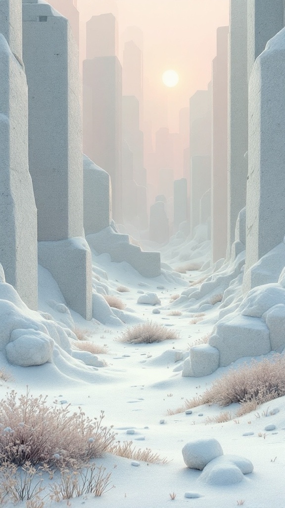 A snowy landscape with tall structures and a soft sunset.