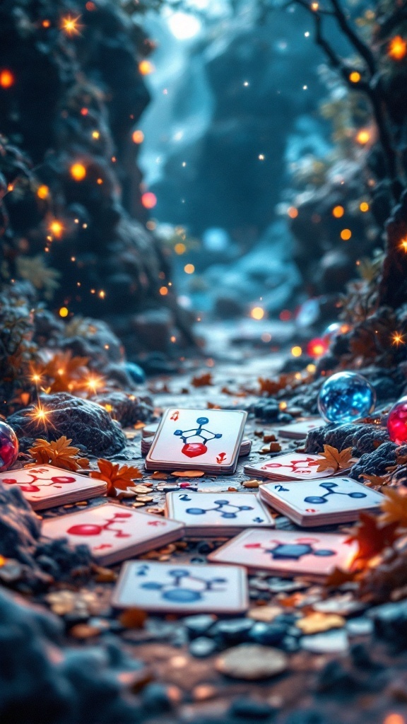 Colorful molecular cards spread out on a forest path, surrounded by glowing orbs and leaves.