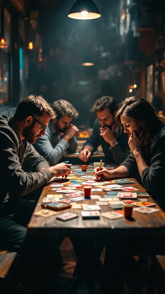 A group of friends playing Monodeal at a table, focusing on the cards and game pieces.