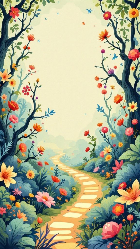 A colorful and vibrant illustrated garden path surrounded by flowers and greenery.