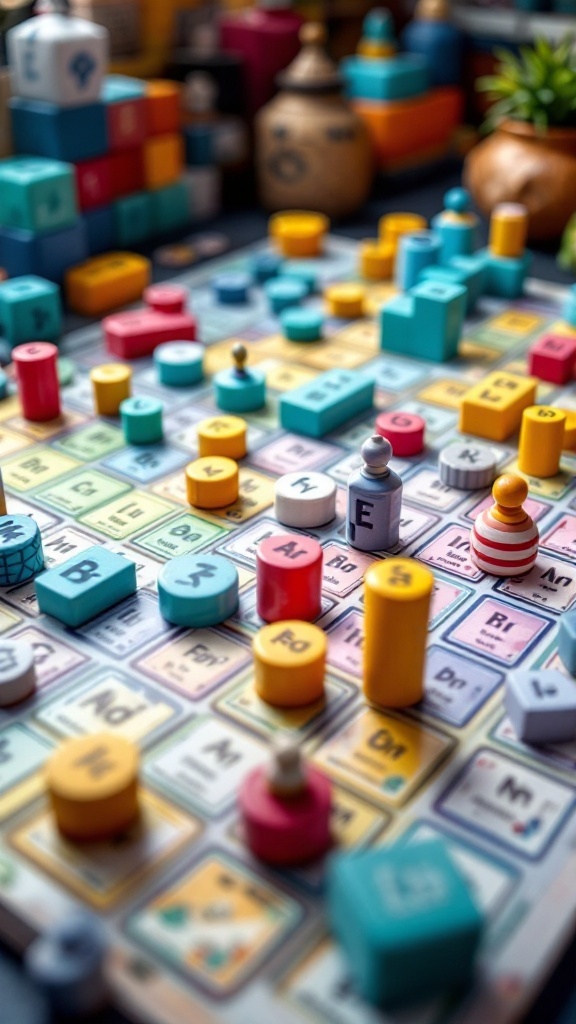 Colorful game board featuring the periodic table with vibrant tokens and elements.