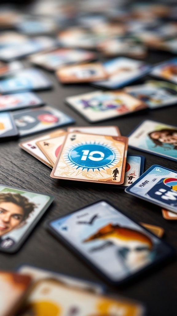 Colorful Phase 10 cards spread out on a table