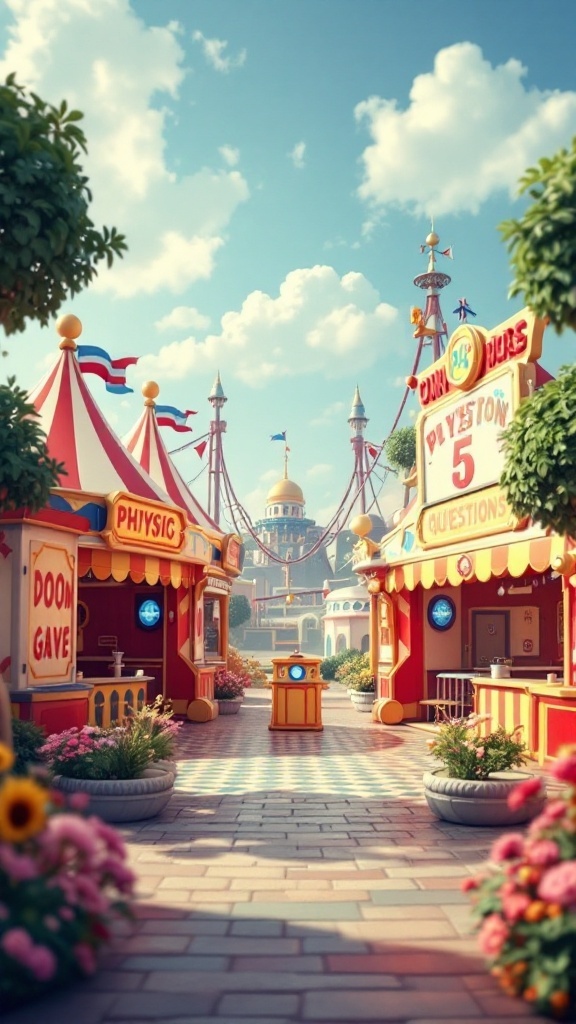 A colorful fair scene with physics-themed booths and a cheerful atmosphere