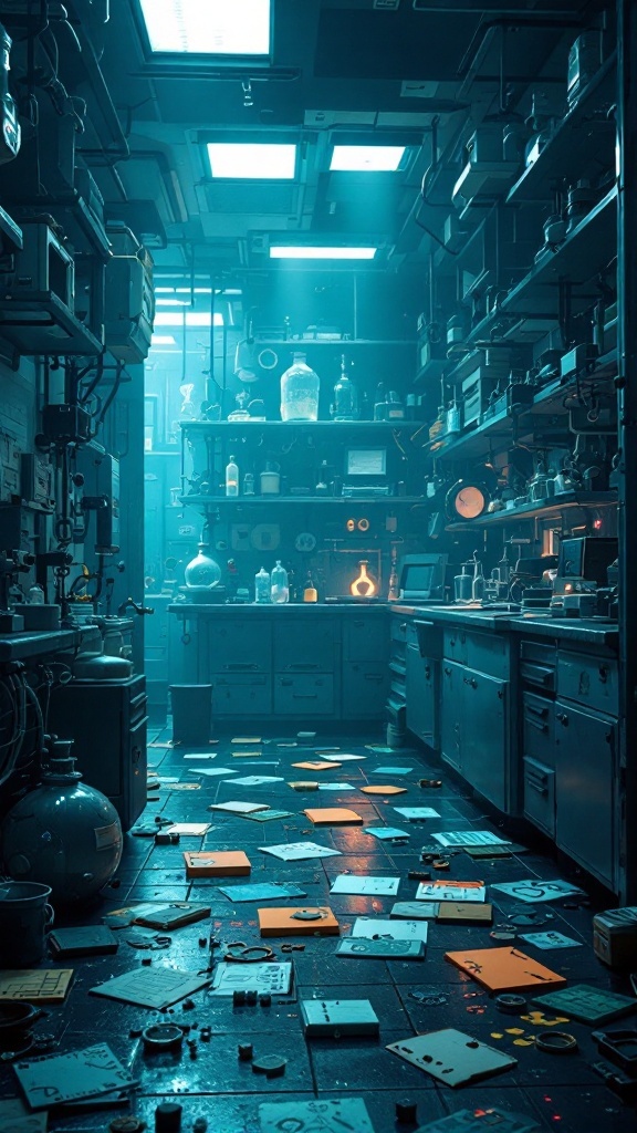 A physics lab escape room filled with scattered papers and scientific equipment, illuminated by blue lights.