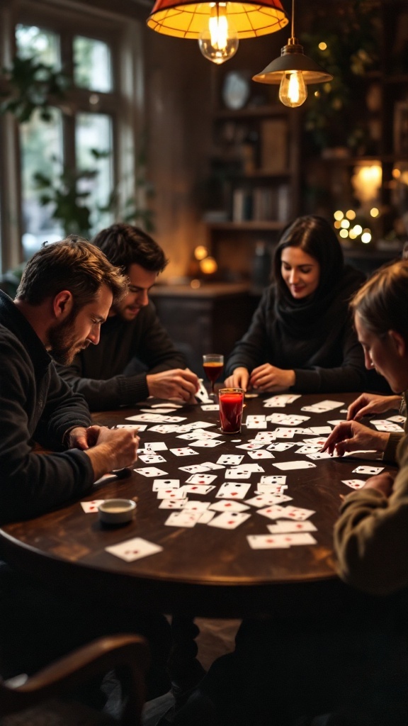 A group of friends playing a card game at a table, surrounded by cards and a cozy atmosphere.