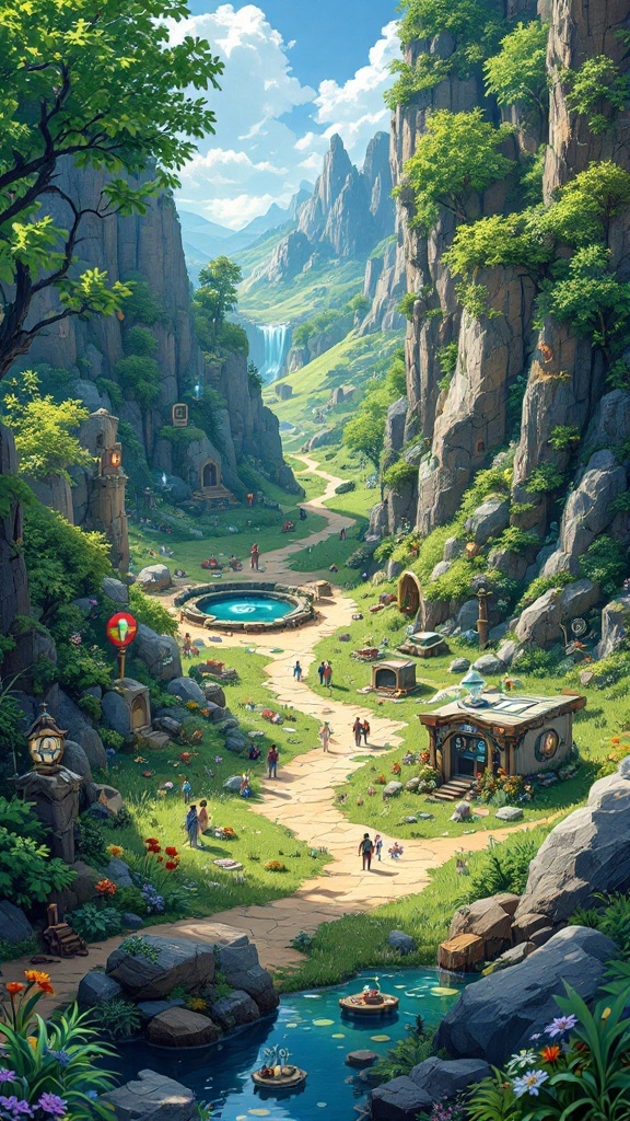 A vibrant fantasy landscape with a winding path, lush greenery, rocky cliffs, and a waterfall, featuring groups of people exploring and interacting.