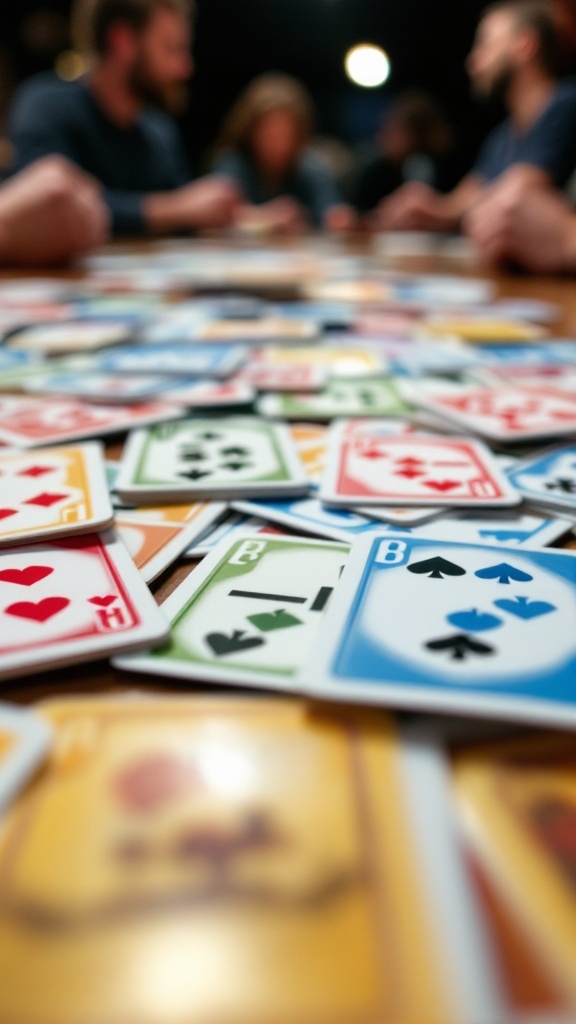 A group of people playing Skip-Bo, with colorful cards spread out on a table.