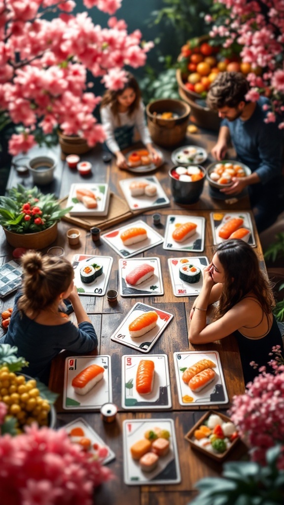 A group of friends playing Sushi Go! with sushi platters on a vibrant table surrounded by cherry blossoms.