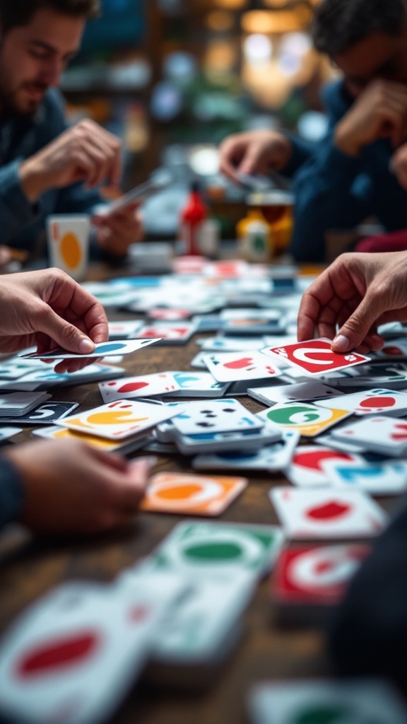 A group of people playing Uno Flip with colorful cards spread across the table.