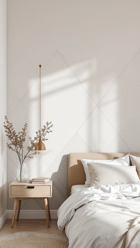 A neutral bedroom with a subtle pattern accent wall, featuring a bed, bedside table, and a lamp.