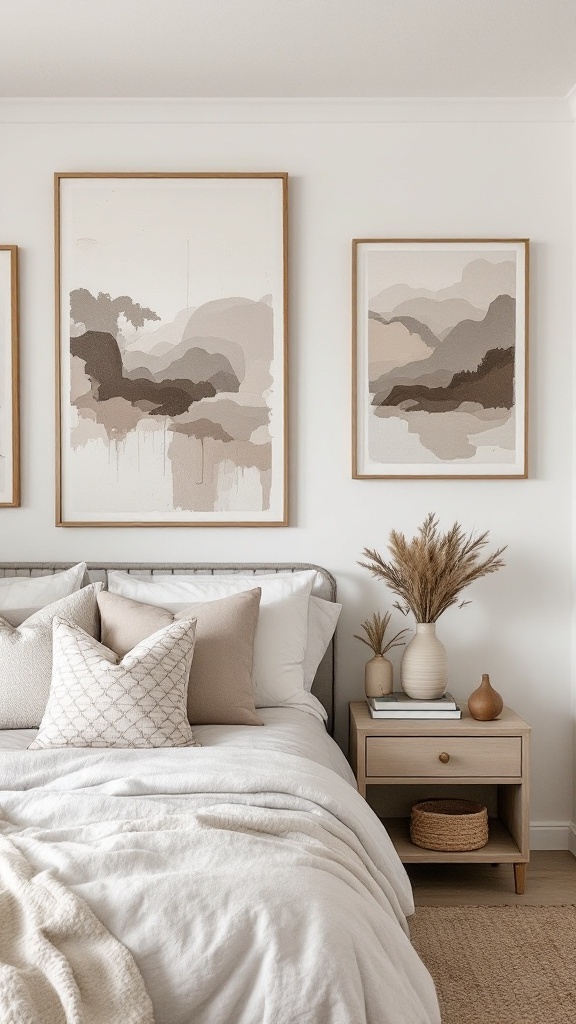 Neutral bedroom with artwork in earthy tones, featuring soft bedding and decorative plants.