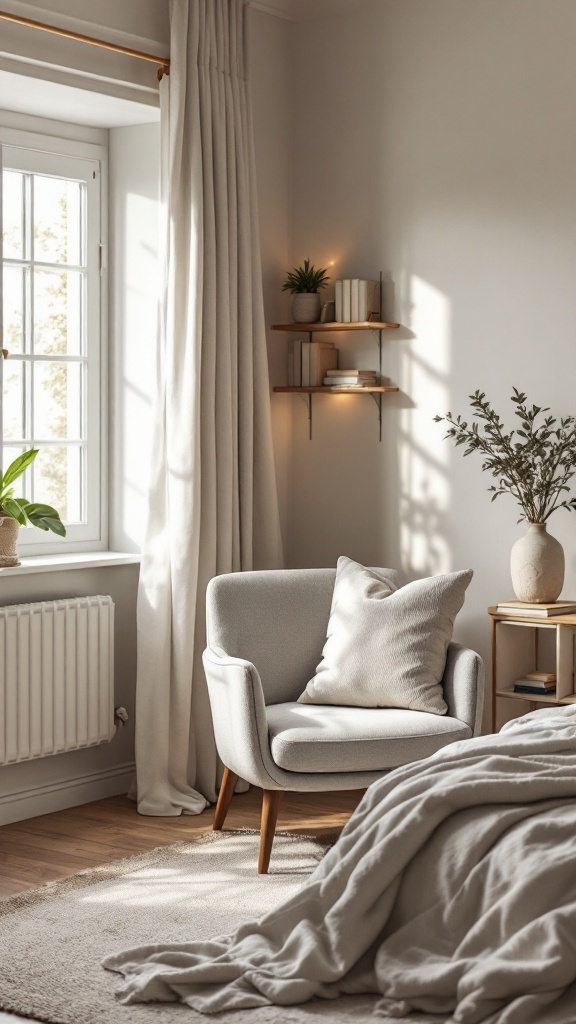 Cozy reading nook with a chair, bookshelf, and window in a neutral bedroom