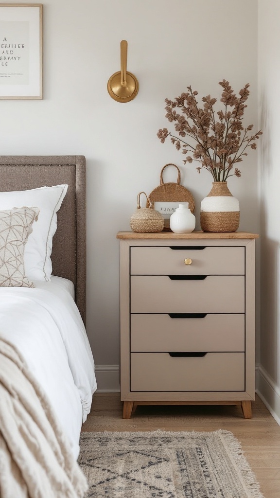 A stylish nightstand with three drawers, decorative baskets, and a vase of dried flowers, set in a neutral bedroom