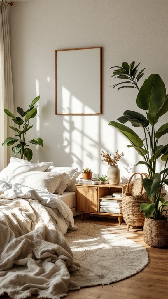 A cozy bedroom with plants, soft bedding, and natural light.