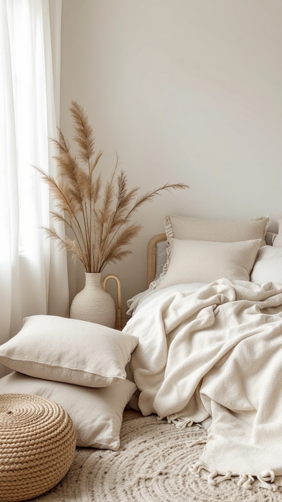 A cozy neutral bedroom featuring layered textures with pillows, a throw blanket, and a vase with pampas grass.