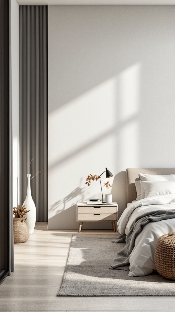 A minimalist neutral bedroom featuring a simple bed, bedside table, and decorative accessories