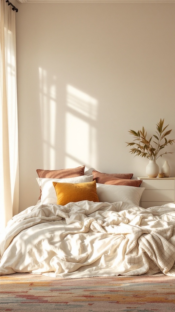 A cozy bedroom with neutral decor featuring a white bedspread, brown pillows, and a pop of mustard yellow.