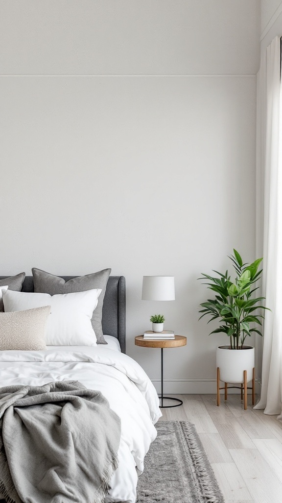 A neutral bedroom with a textured wall, gray bedding, a bedside table, and a plant.