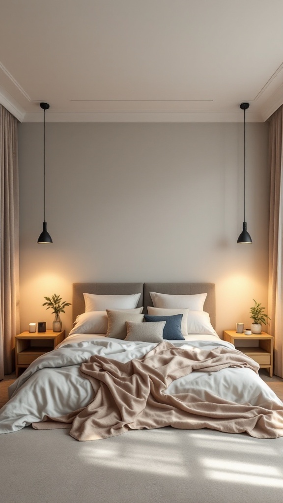 Neutral bedroom with warm pendant lighting and cozy bedding