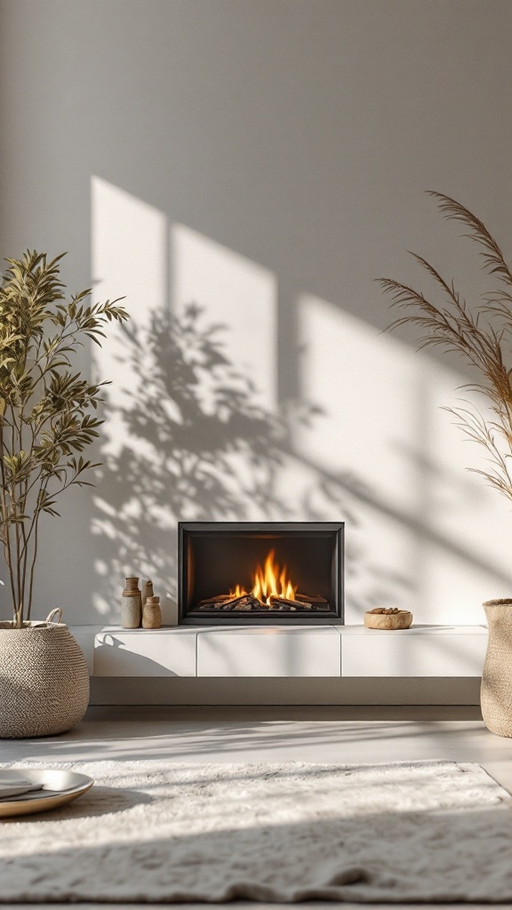 A minimalist fireplace with a modern design, surrounded by plants and natural textures.