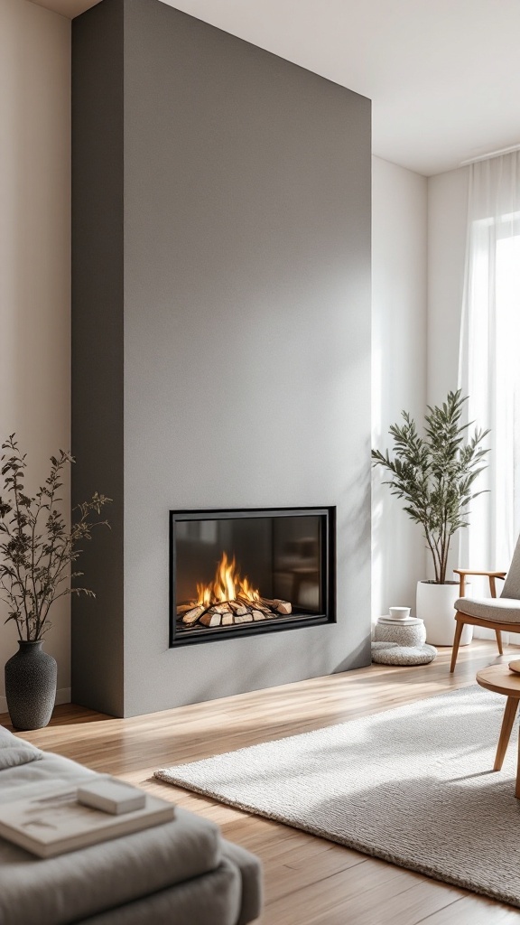 A minimalist free-standing fireplace in a modern living room with neutral colors and natural light.