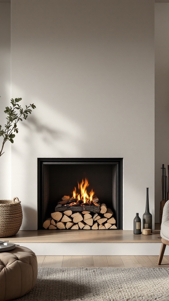 A minimalist fireplace with integrated wood storage, showcasing a clean design and organized firewood.