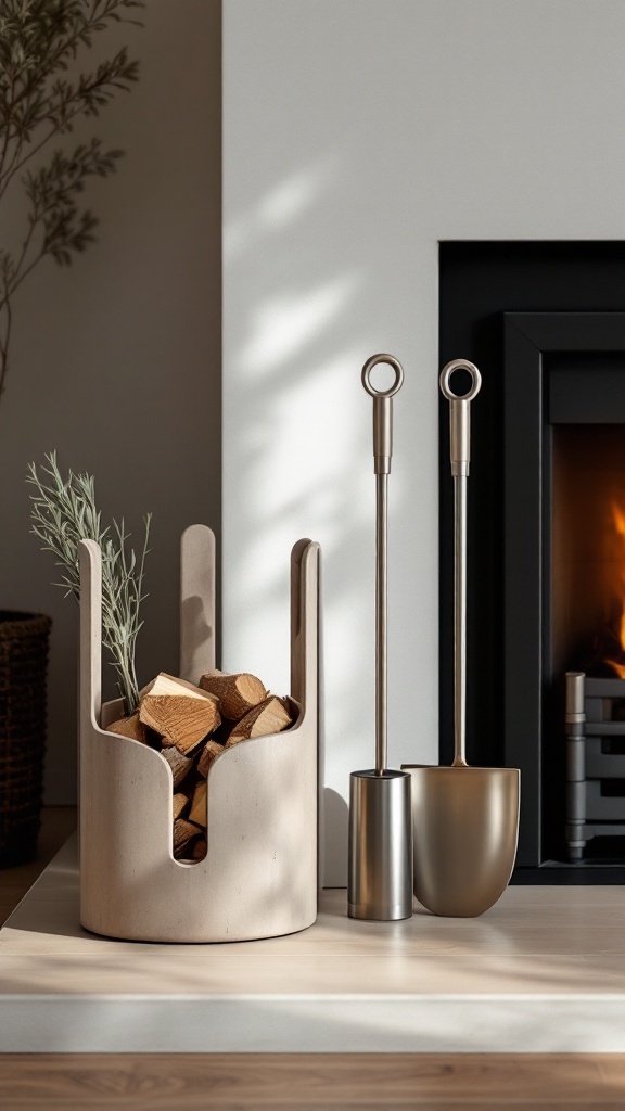 Minimalist fireplace accessories featuring a light-colored firewood holder, metal tools, and a cozy fire.