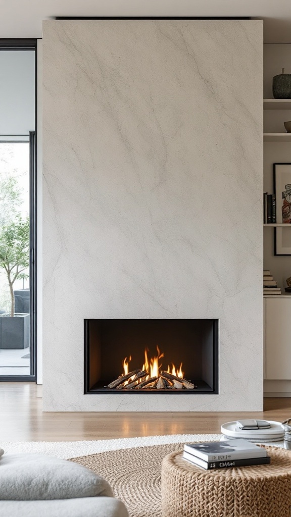 A minimalist fireplace with a sleek design and flickering flames.