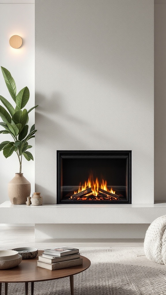A minimalist fireplace with a modern design, featuring flames and a clean wall backdrop