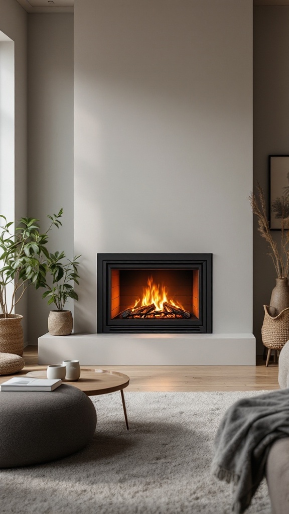 A minimalist fireplace in a small living space with plants and a cozy atmosphere.