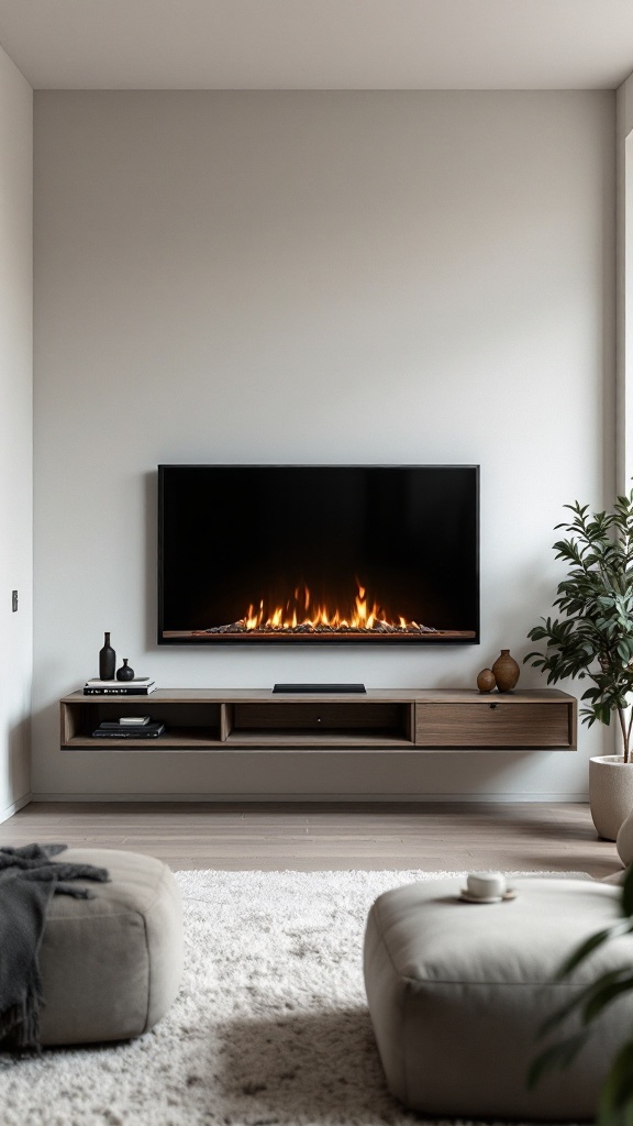 A minimalist wall-mounted fireplace above a television in a cozy living room setting.