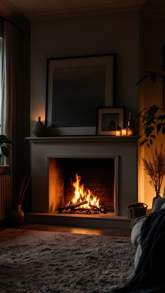 A minimalist fireplace with warm lighting, featuring flames and simple decor.