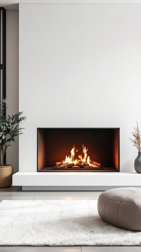 Minimalist living room featuring a sleek fireplace with a modern design and warm flames.