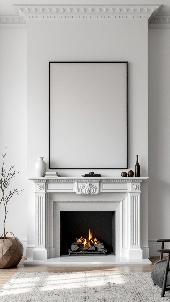 Minimalist fireplace mantle with empty frame above and decorative items