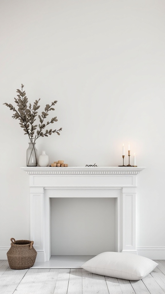 A minimalist fireplace mantle with a white finish, decorated with a vase of greenery, candles, and wooden accents.