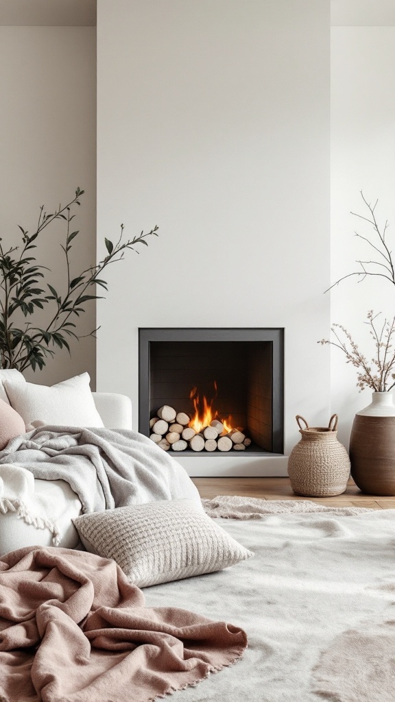 A minimalist living room featuring a fireplace, cozy blankets, and textured fabrics.