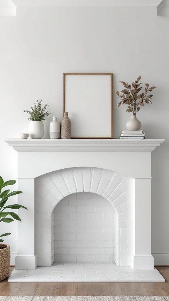 A minimalist fireplace mantle with a few decorative items, including vases, a plant, and an empty frame.