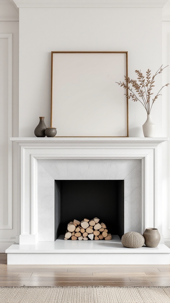 A minimalist fireplace mantle featuring geometric shapes with a framed wall, stacked logs, and decorative vases.