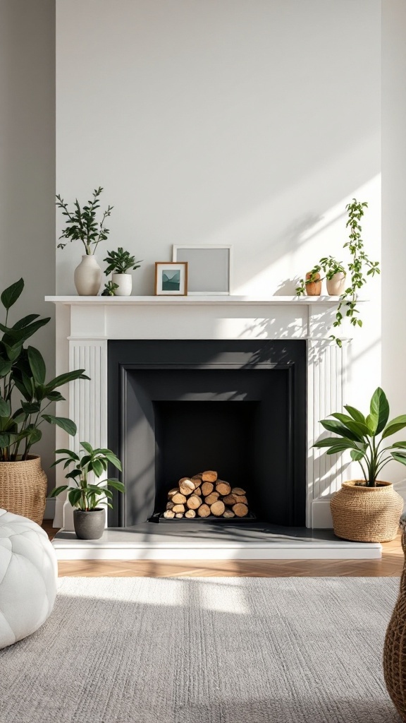 Minimalist living room featuring a fireplace and various green plants.