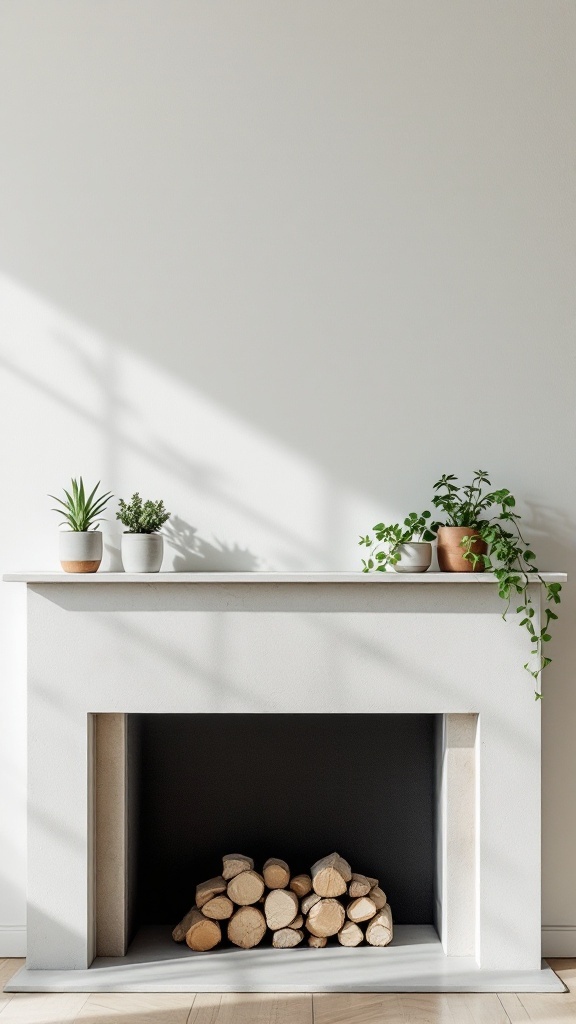 Minimalist fireplace mantle with plants and stacked logs