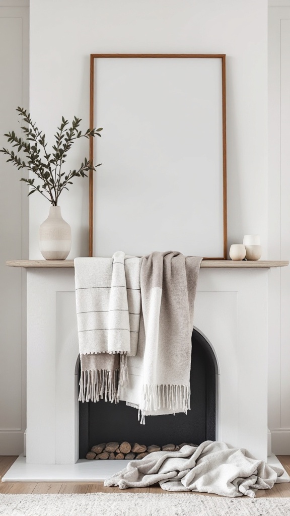A minimalist fireplace mantle with layered textures, featuring soft throws, a ceramic vase, and greenery.