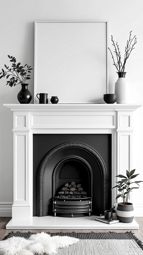 A minimalist fireplace mantle with black and white decor elements