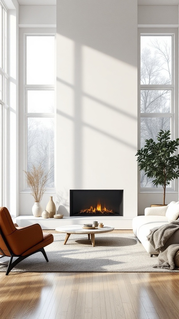 A minimalist living room with a fireplace, large windows, and natural light.