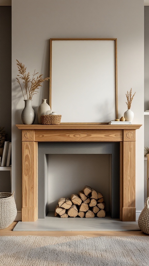A minimalist fireplace mantle made of natural wood with decorative items and stacked firewood.